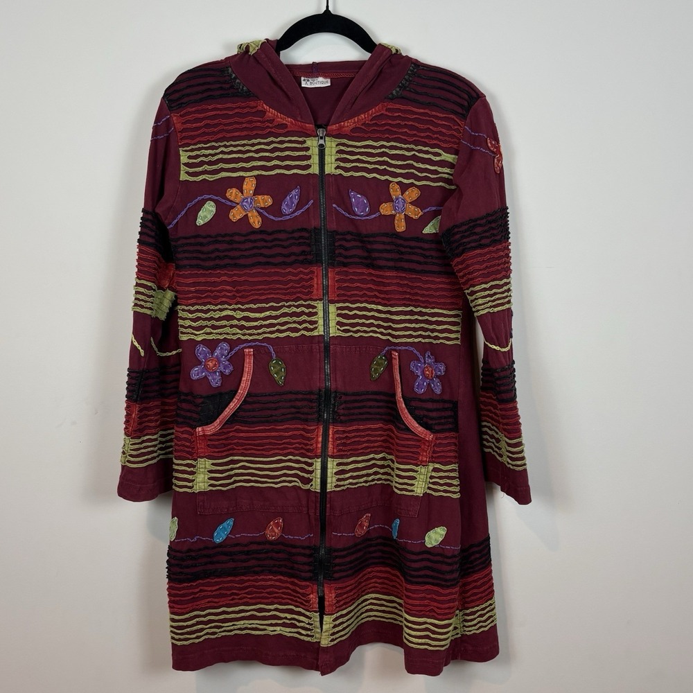 Women's Burgundy Embroidered Full Zip Embroidered Boho Tunic‎ Sweatshirt Size SM